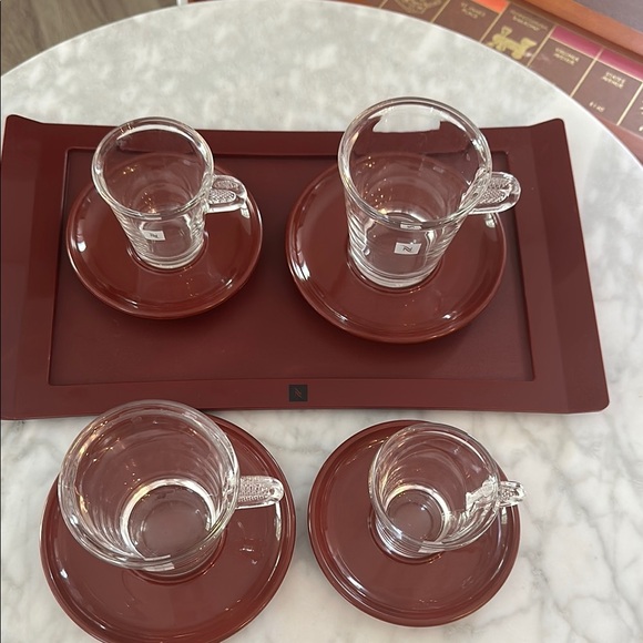 Nespresso Glass Cups with Rich Burgundy Saucers and tray - Picture 2 of 4